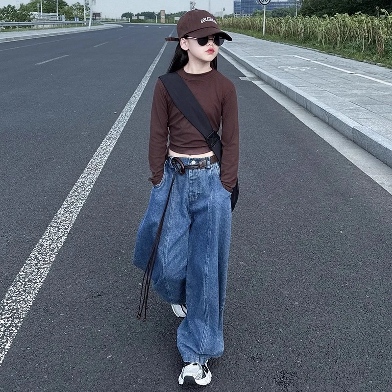 女童套装2025新款儿童洋气休闲打底衫百搭T恤韩版宽松牛仔裤炸街