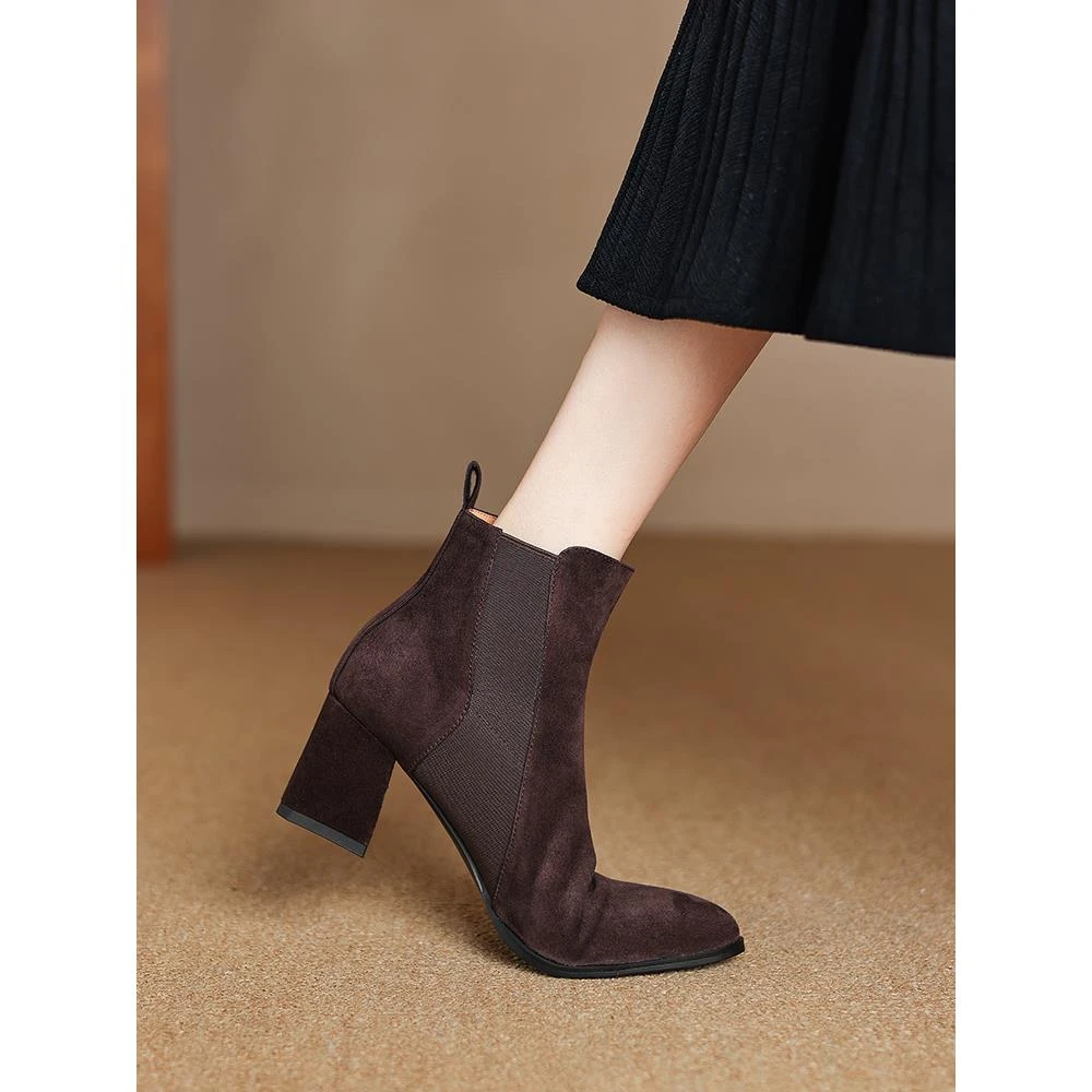 法式尖头磨砂短靴女粗跟2025冬新款加绒翻毛皮切尔西靴子