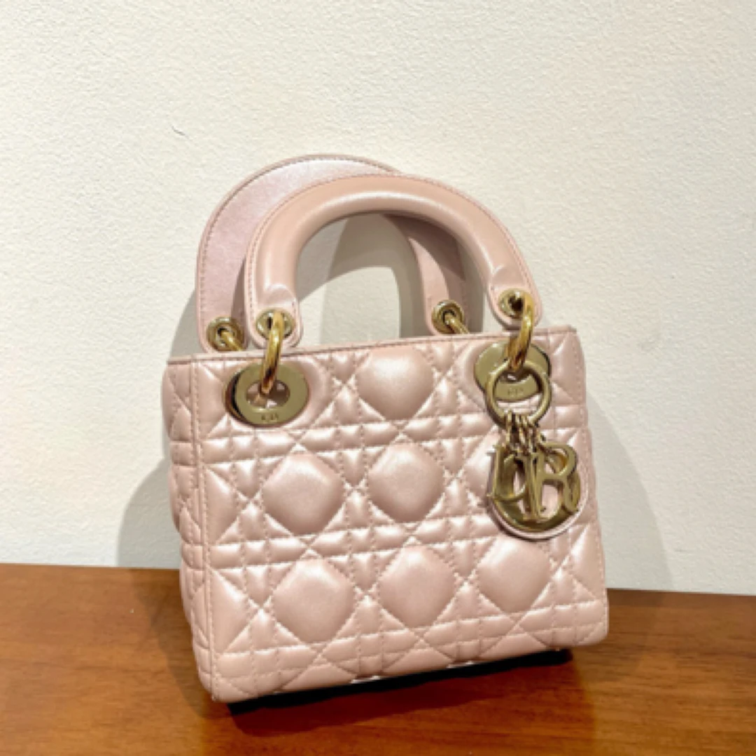 99新 DIOR/迪奥 珠光粉金扣三格戴妃单肩包