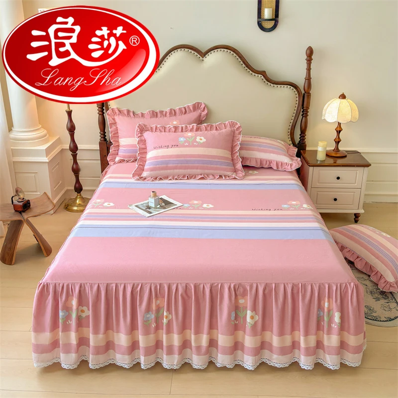 浪莎纯棉磨毛床裙单件加厚全棉防滑床罩带裙边四季通用遮丑下摆