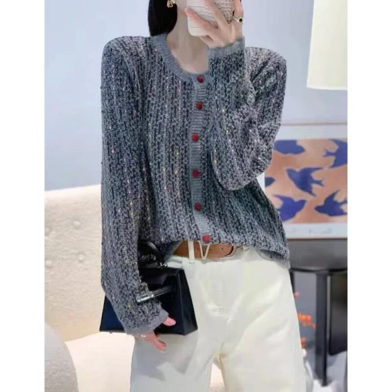 丽丽家~花彩虹豆灰小香风气质长袖网红时尚百搭复古圆领上衣