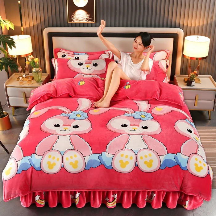 （10斤重）毛茸茸泰迪熊保暖加厚床裙牛奶绒四件套娇朵套装床上用品