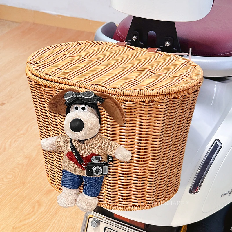 电动车后置车筐带盖可爱卡通车篓大容量电瓶车储物放头盔置物神器