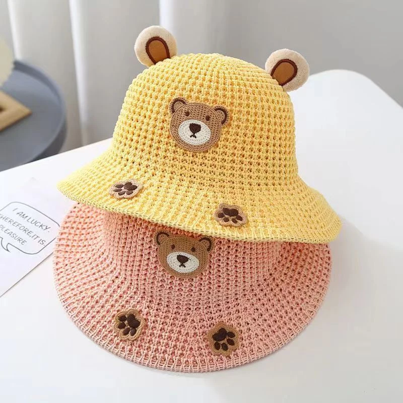 宝宝遮阳防风绳子帽儿童渔夫帽韩版手编小熊渔夫帽可爱超萌卡通