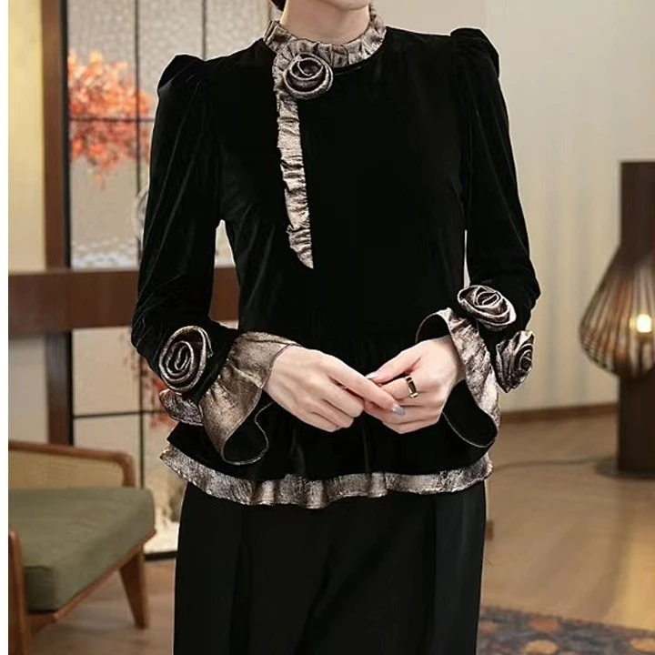 新款洋气别致小衫黑色丝绒女上衣正肩立领女装