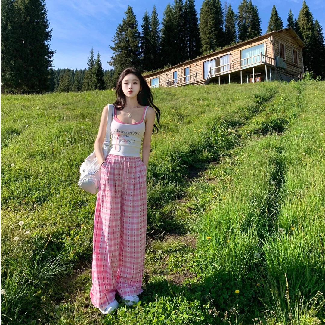 多巴胺穿搭辣妹休闲运动套装女时尚减龄假两件吊带阔腿裤两件套潮