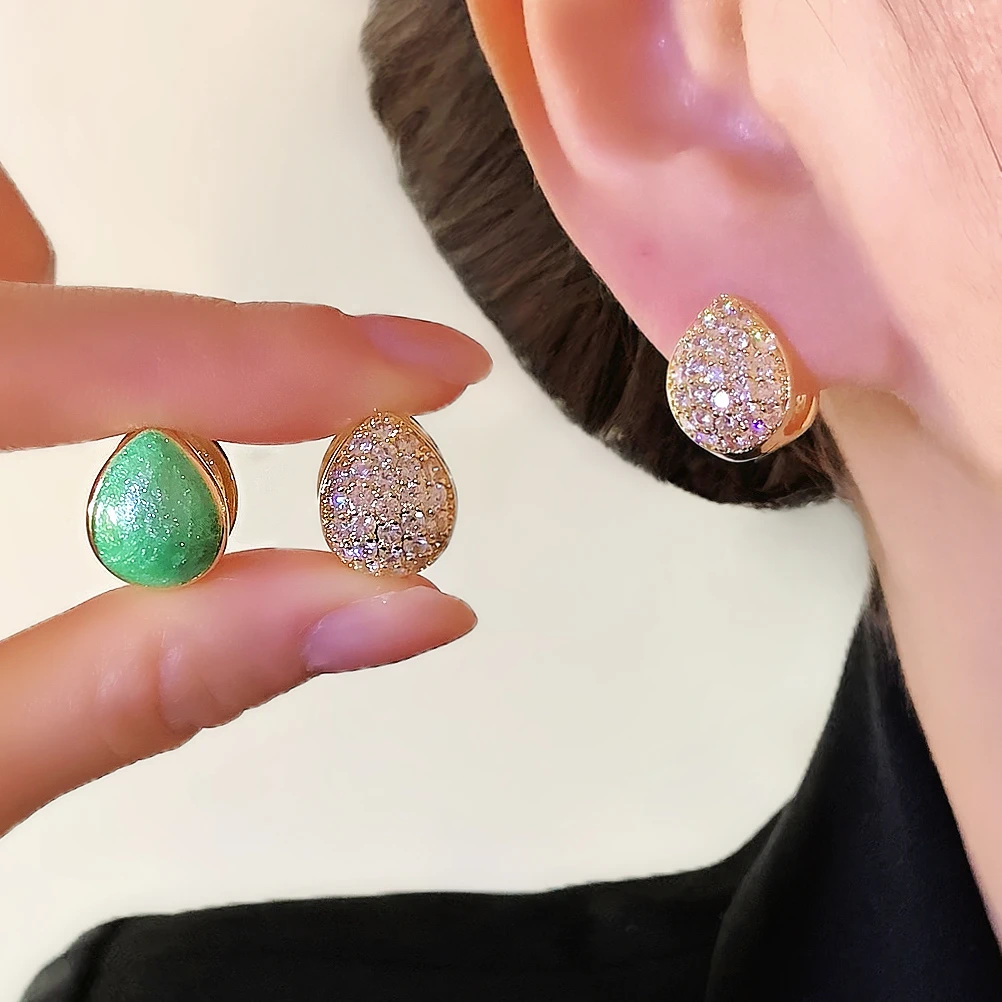 铜合金锆石耳饰 时尚轻奢锆石滴油双面水滴耳扣1204