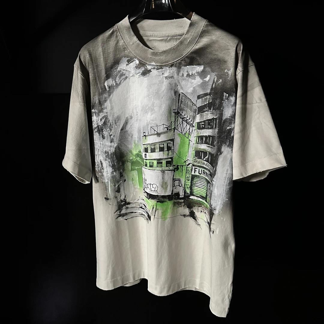 【冷目潮物质】手工绘画街头艺术城市街景涂鸦定制重磅洗水宽松短袖
