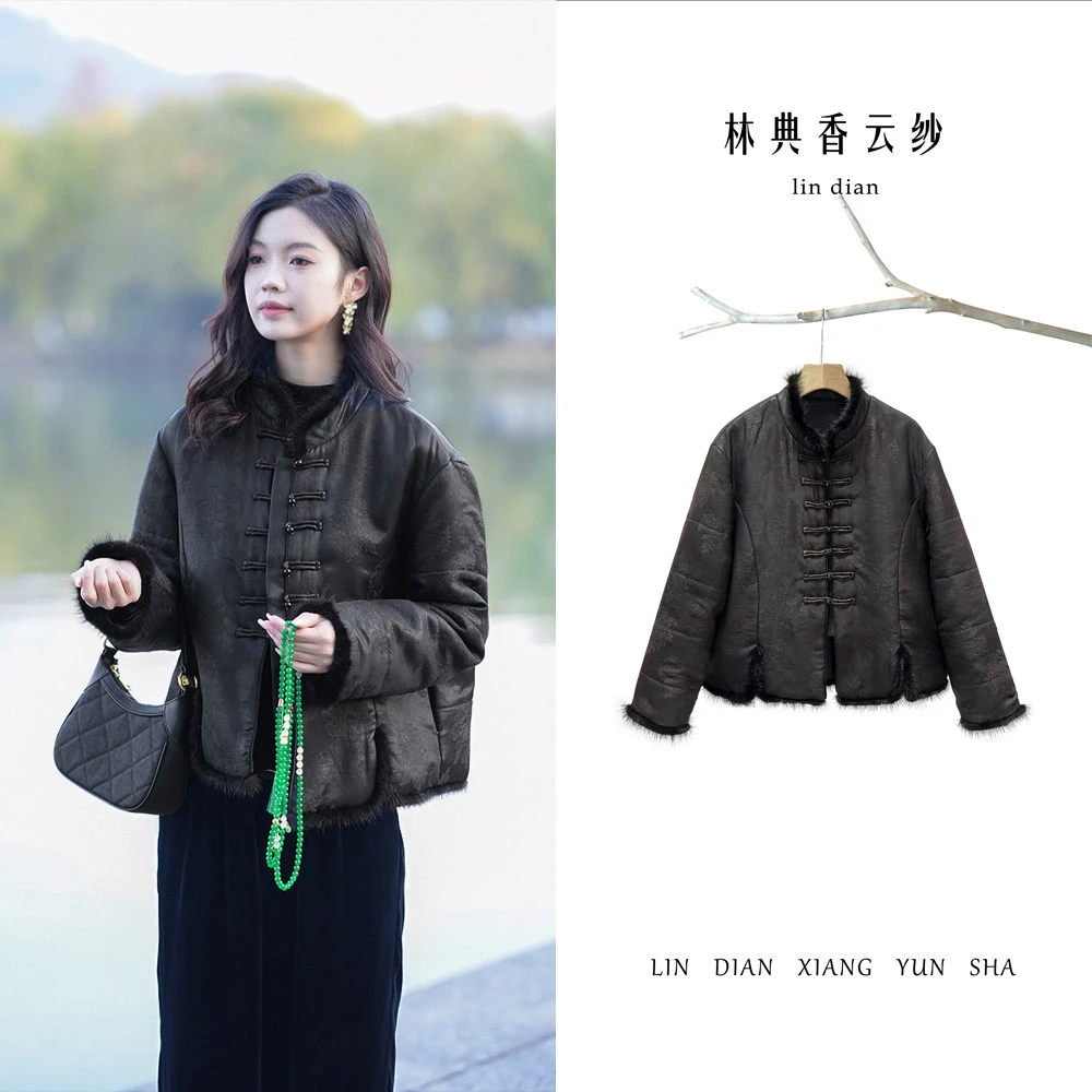 【林典】中老年新中式宽松新款时尚丝绒加绒棉服外套女款爆款3163-1