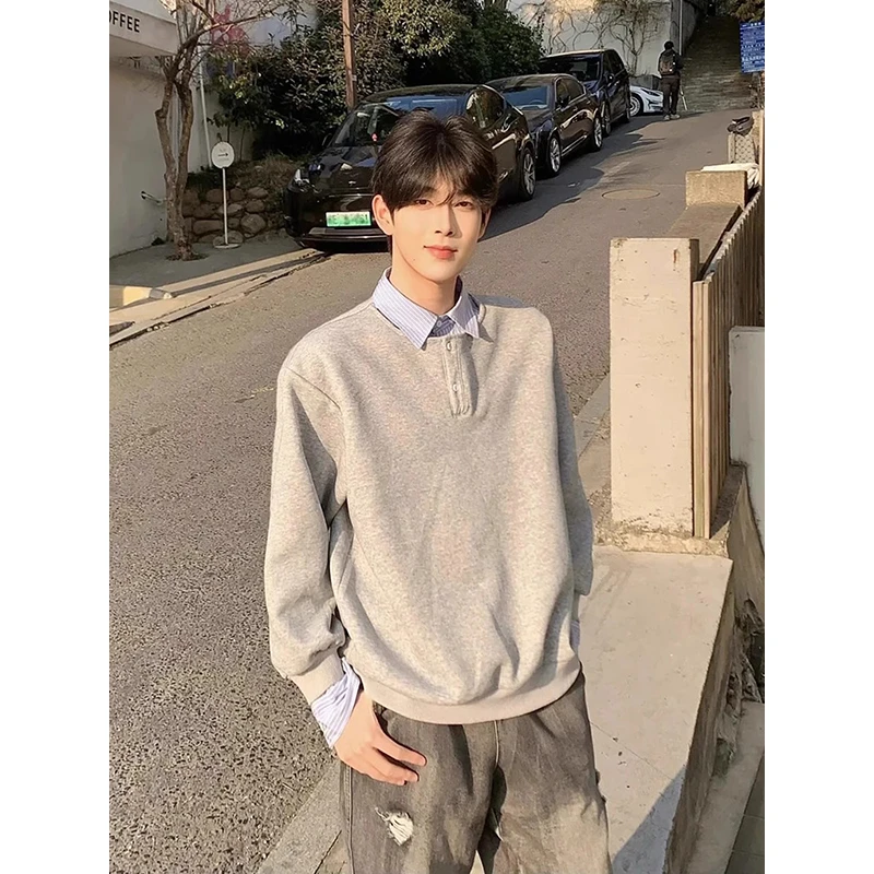 假两件灰色亨利领卫衣男款春季高级感韩版潮牌cleanfit衬衫领上衣