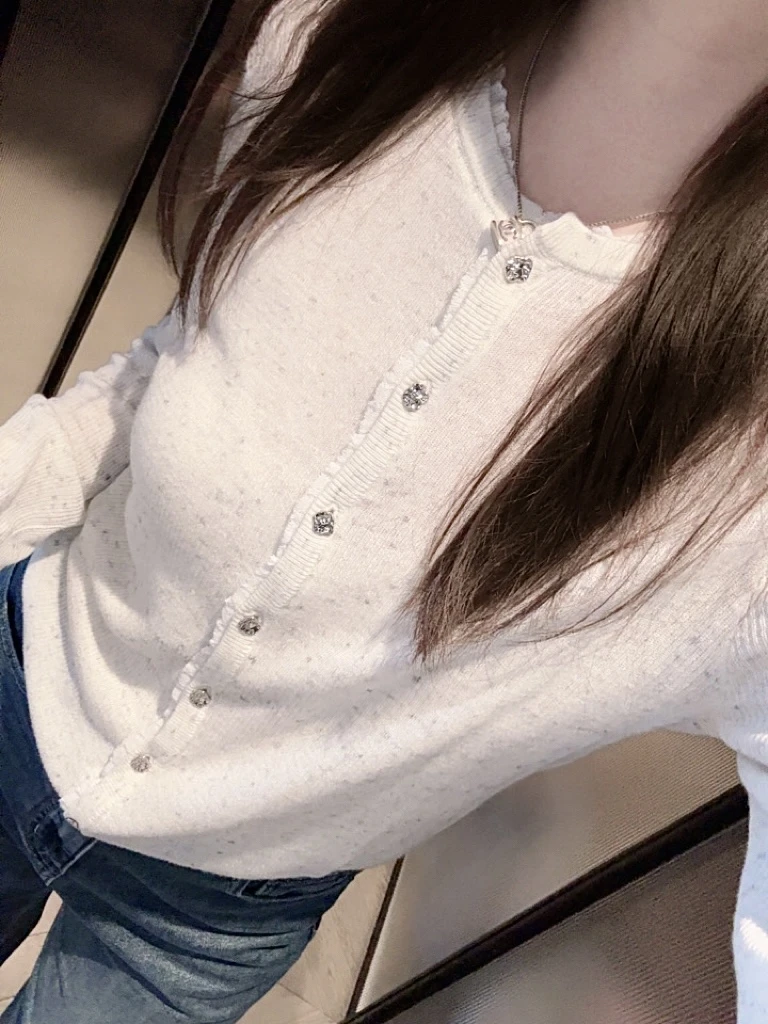 100%美丽诺羊毛花纱本花灰色针织长袖开衫 双领设计休闲慵懒I6844
