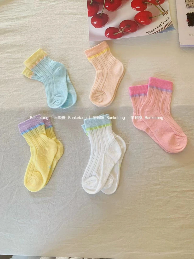 儿童袜子彩色双针袜2025新款棉袜百搭透气休闲春夏季中筒袜