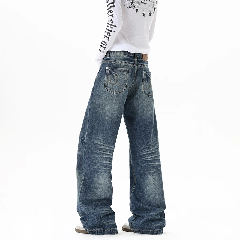 复古做旧水洗薄款牛仔裤男女夏季美式宽松阔腿直筒裤潮牌痞帅