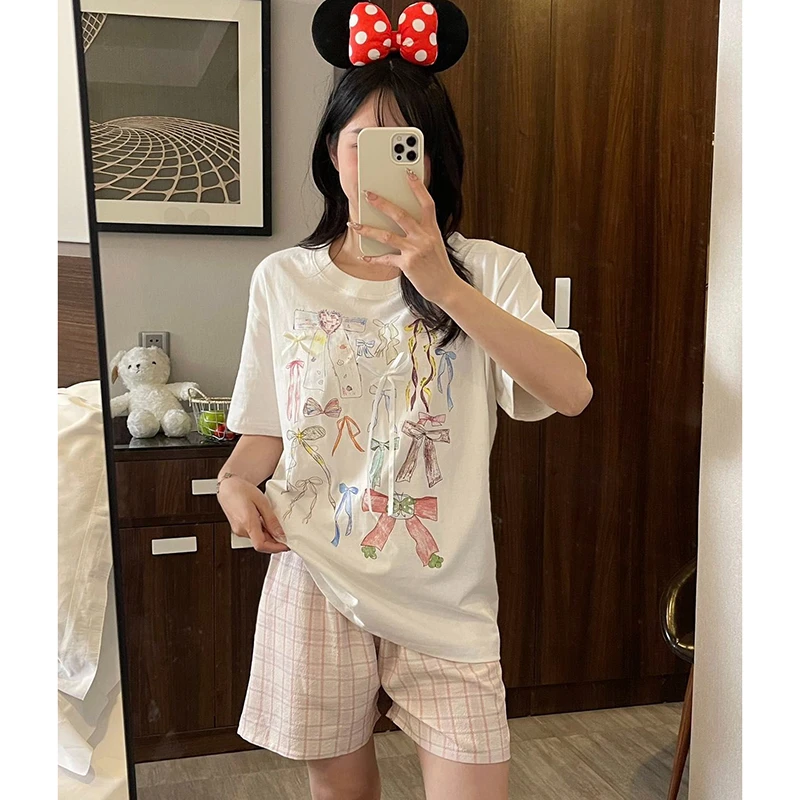 夏季新款蝴蝶结印花棉短袖三件套睡衣格子减龄可爱透气女套装2281