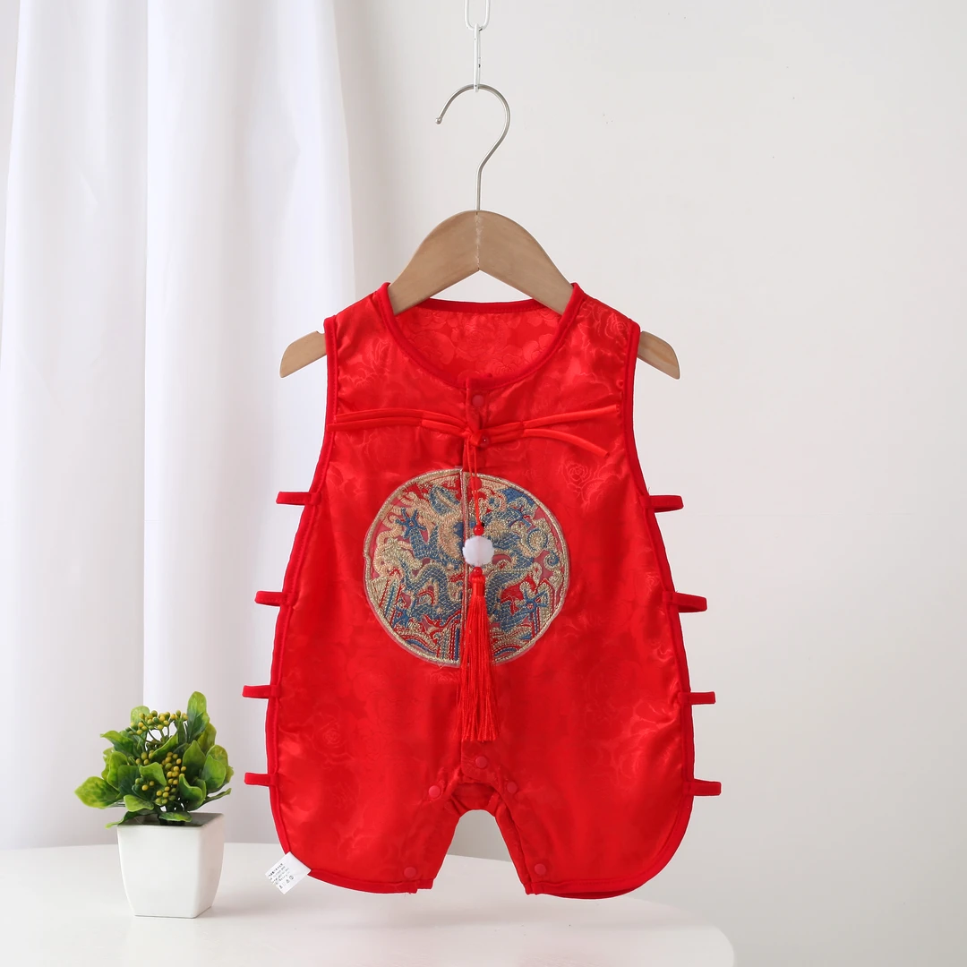 儿童夏季薄款衣服新生儿宝宝男周岁礼服唐装婴幼儿红色哈衣连体衣