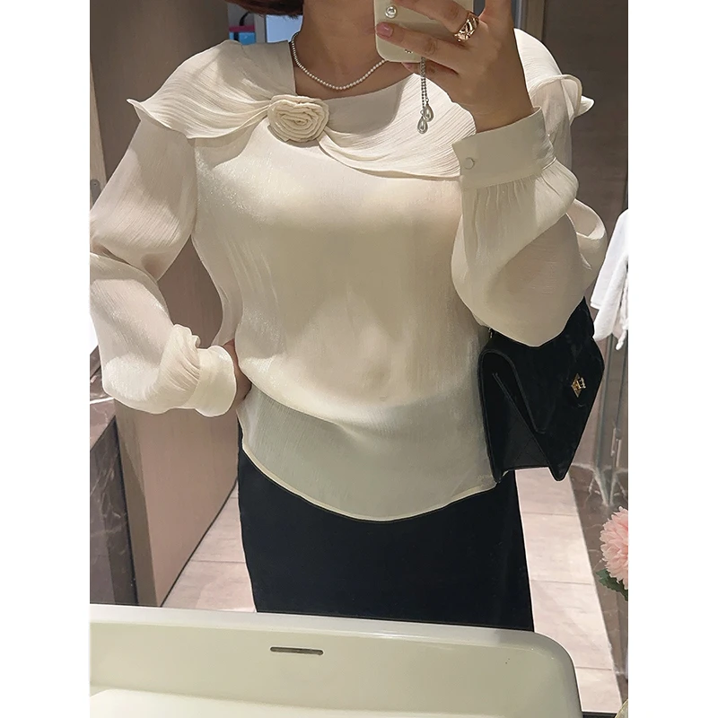 【DIS 定制】【温柔轻纱】春季气质荷叶边一字领花朵衬衫Z525X04094