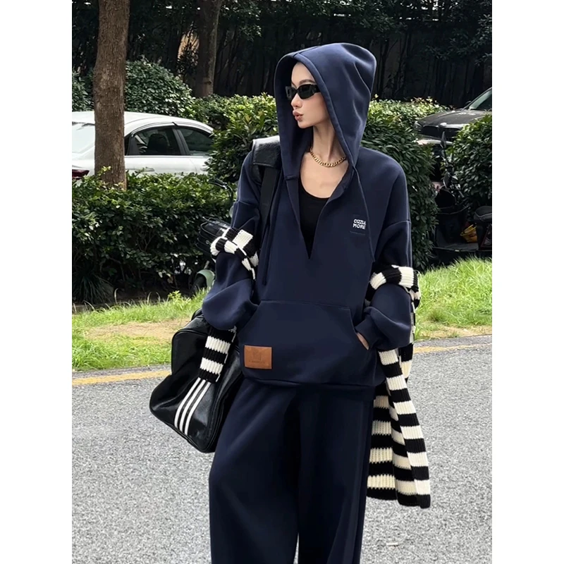 【周末见】美式潮流复古时髦长袖V领套头卫衣时尚运动休闲卫裤女