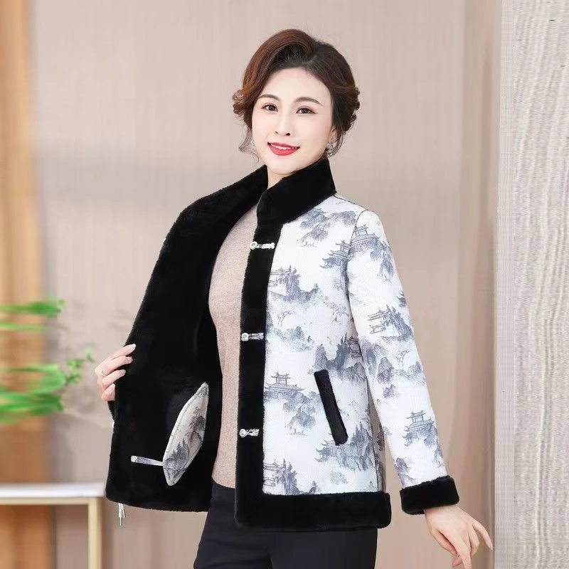 短款宽松型加厚时尚常规款加绒国风中老年女装花鸟