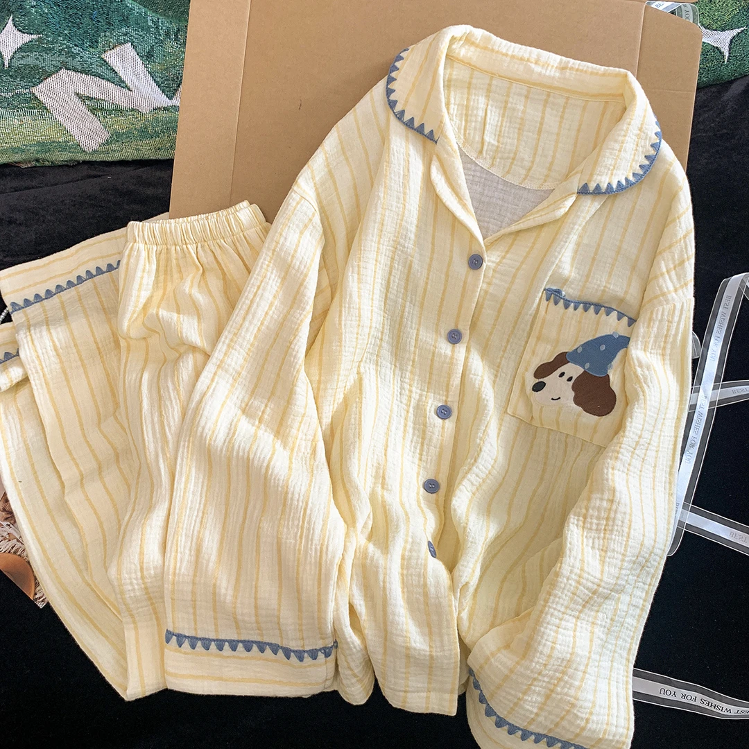 日系刺绣小狗可爱睡衣女款春秋季少女舒适泡泡棉纱条纹长袖家居服