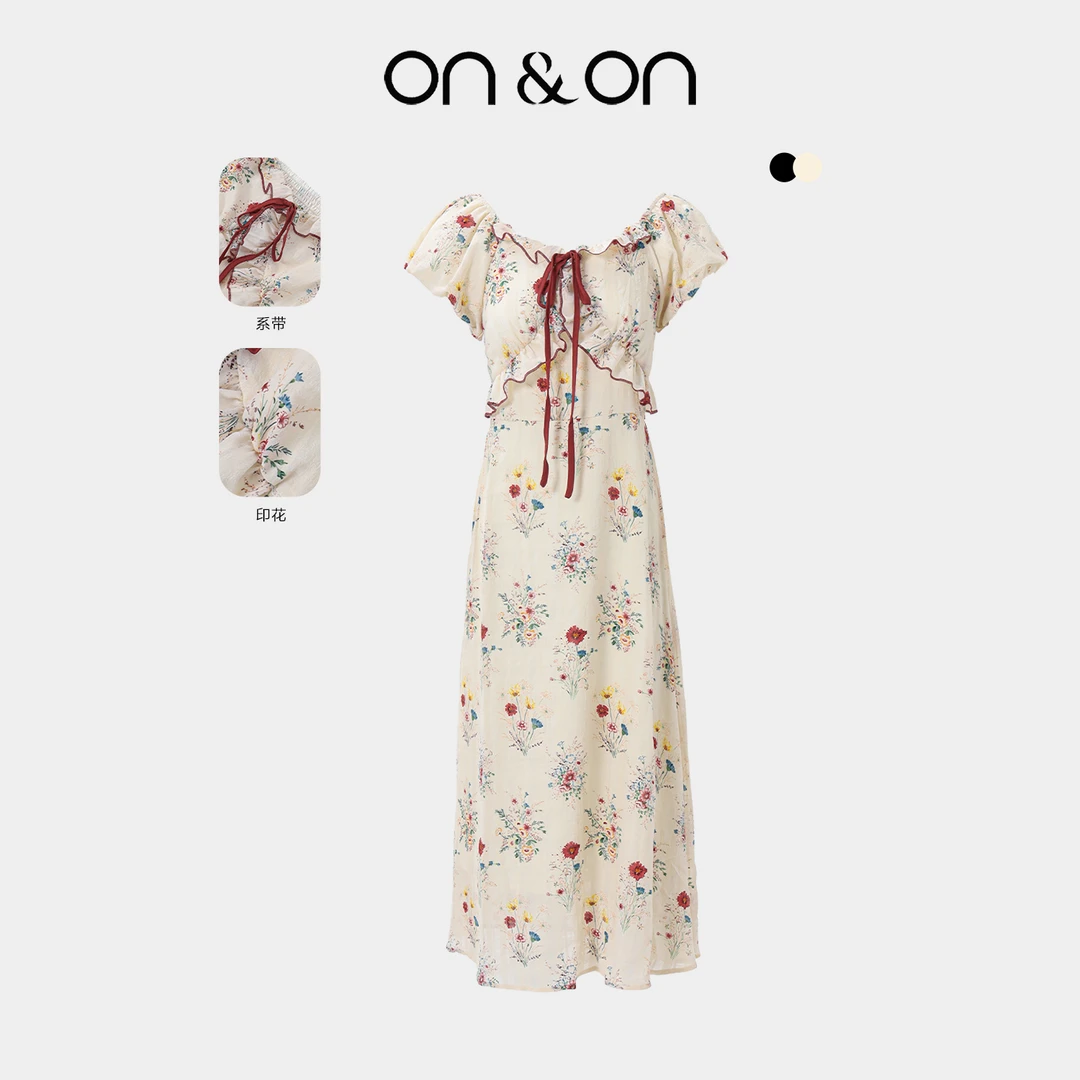 ON&ON/安乃安夏季新款方领浪漫蝴蝶结收腰显瘦连衣裙N5SW1636301