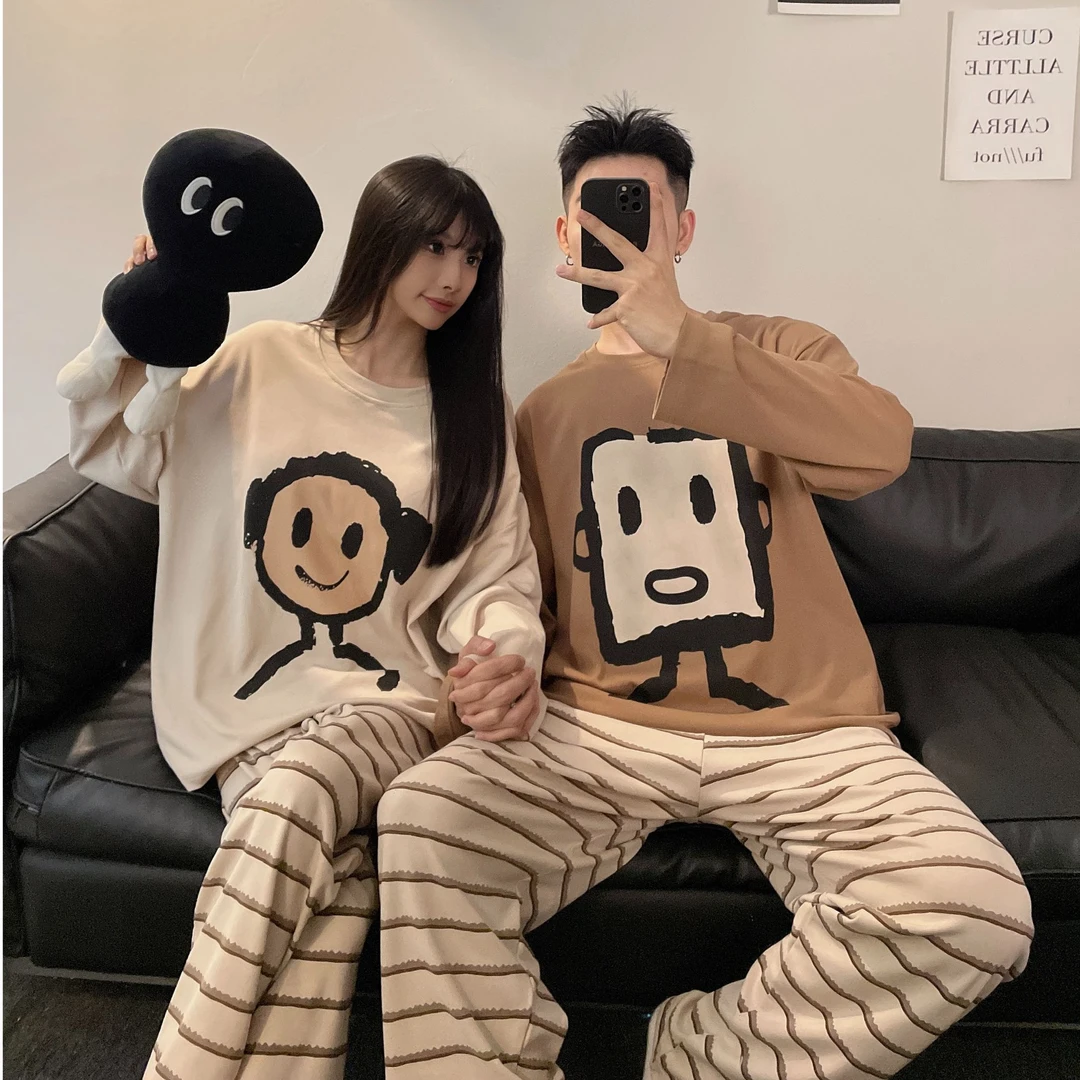 情侣春秋新款套头长袖长裤带胸垫简约可外穿睡衣家居服套装82710