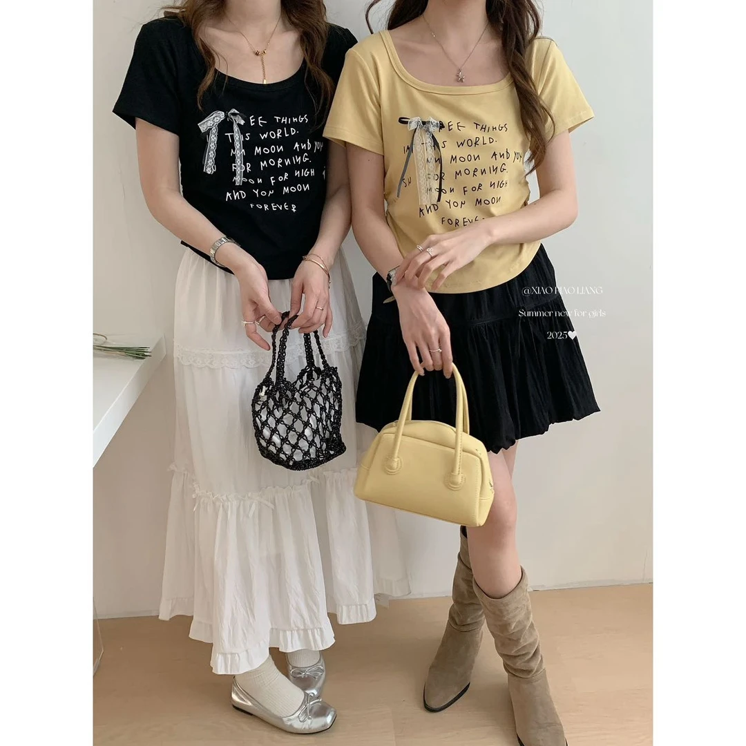 2025夏季新款U领短袖休闲T恤女字母印花蕾丝装饰修身上衣7676#0.1