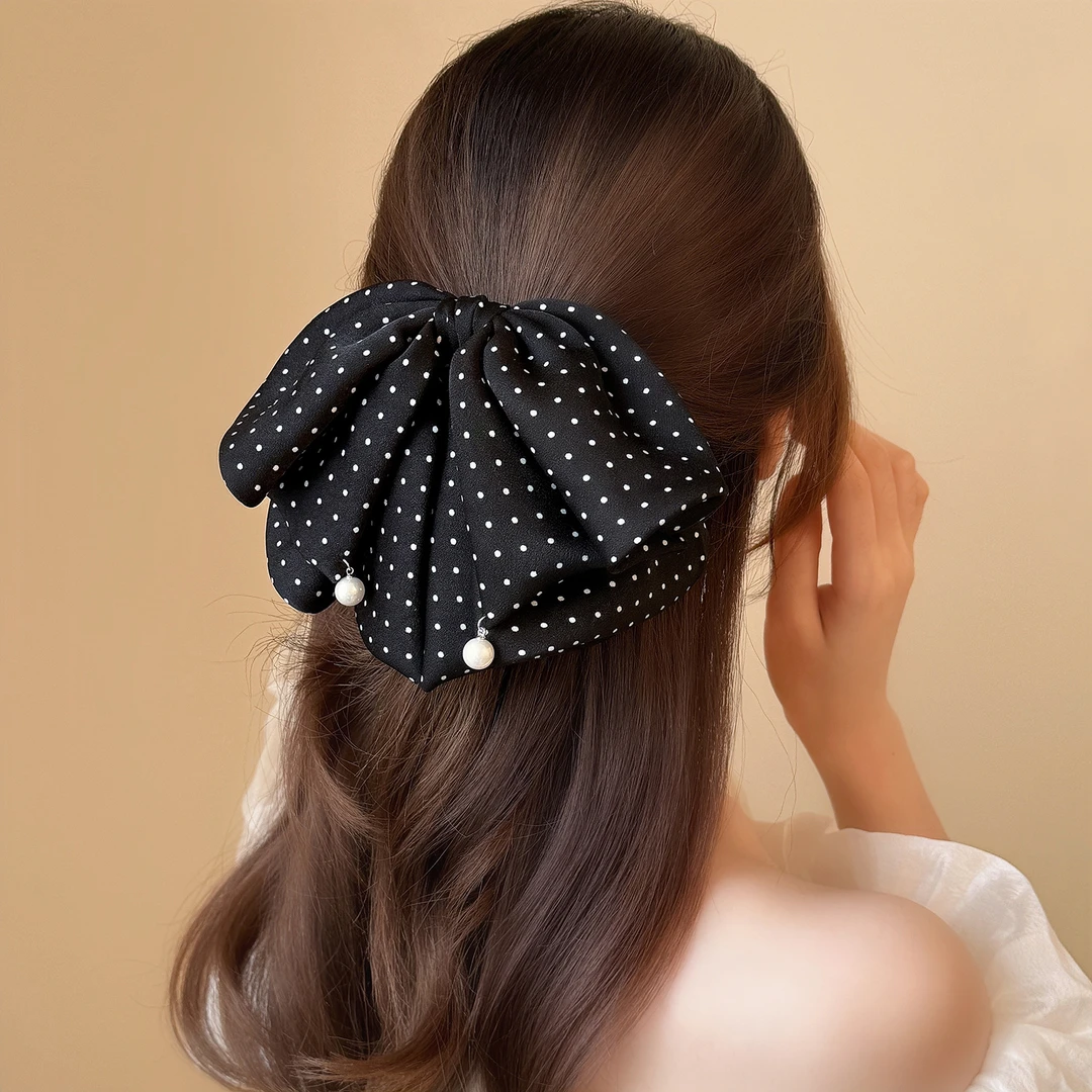 精致黑白小波点双层缎面蝴蝶结马尾夹法式优雅珍珠后脑勺半扎发夹