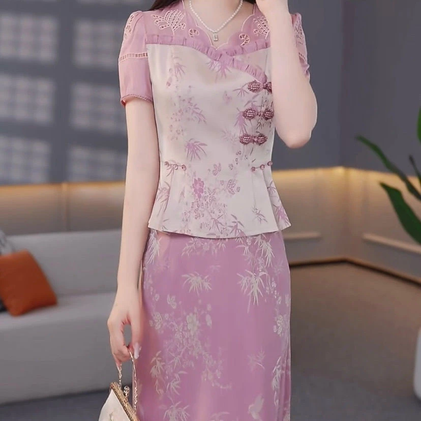 高档复古刺绣冰丝缎礼服裙2025夏新款设计感上衣两件套装半身裙子