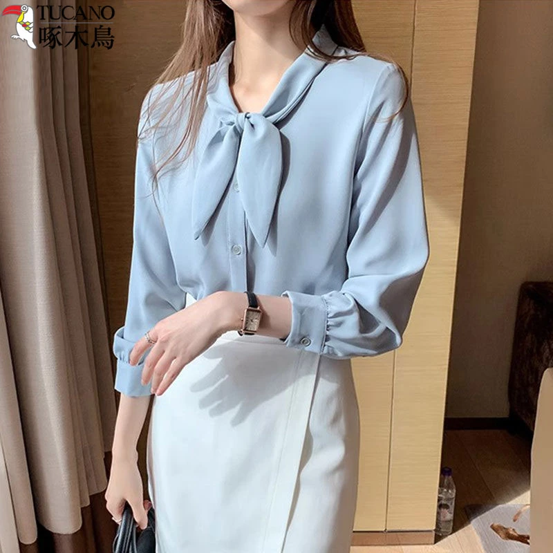 TUCANO/啄木鳥长袖白色港味复古女衬衫系带衬衣秋冬新款宽松上衣