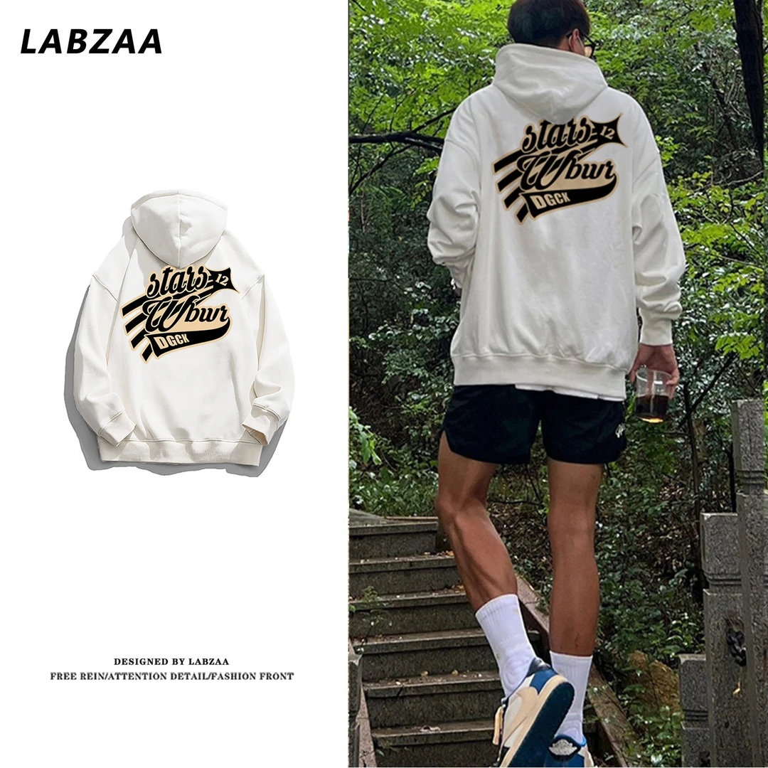 labzaa头创意复古字母印花卫衣男秋季潮流设计感宽松连帽外套上衣
