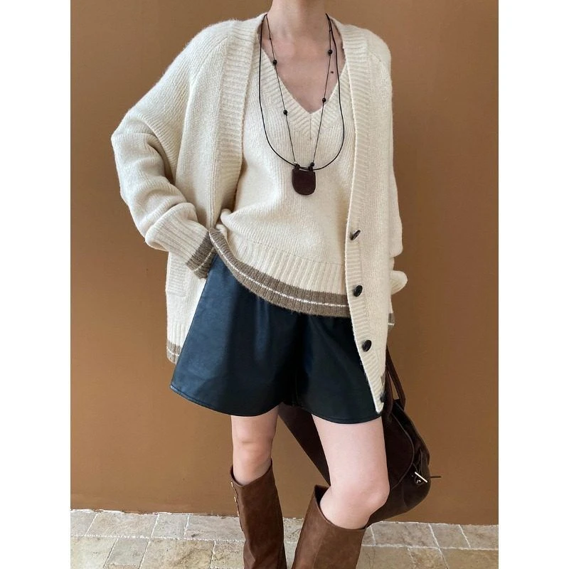 氛围开场 慵懒松弛感撞色针织毛衣开衫背心两件套装 SN6334