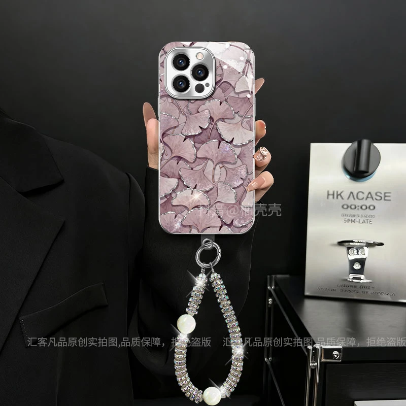 适用【苹果/oppo/华为/vivo/小米】电镀玻璃银杏叶网红全包手机壳女