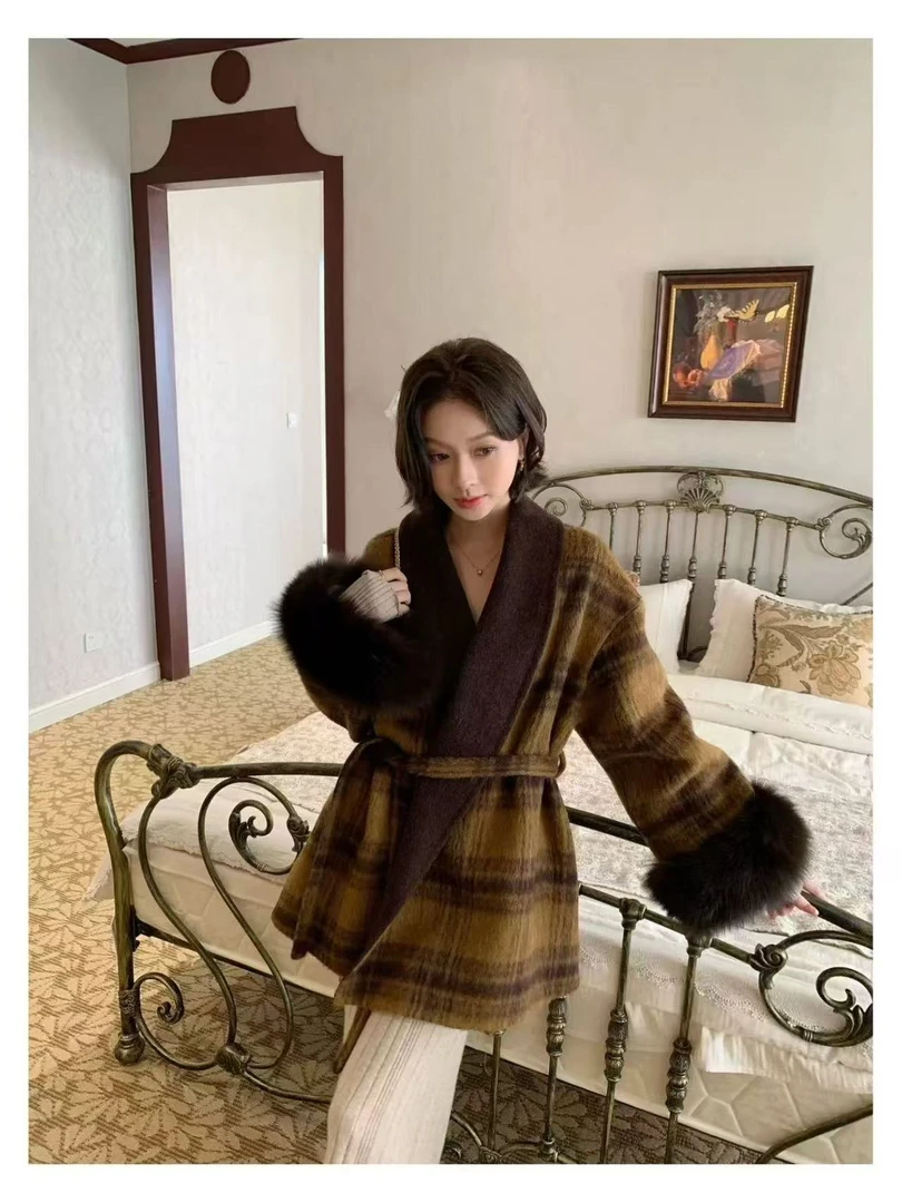 夏妍娜双面毛毛格网红大衣袖口狐狸毛冬季中长款呢子大衣外套女