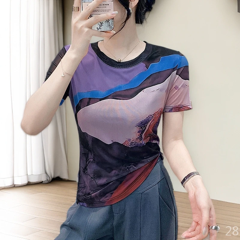 潮牌高端网纱短袖打底衫女款爆款2025新款独特漂亮小衫高档流行显