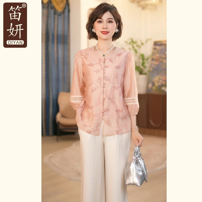 中年妈妈夏季小衫套装2025新款洋气上衣服中老年女装气质两件套