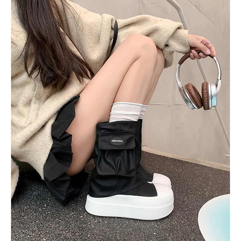 2025秋冬新款时尚小个子韩版时装靴女粗跟马丁靴高跟气质小短靴