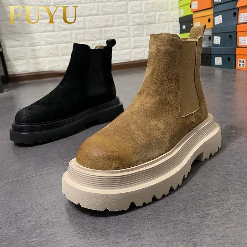 英伦风一脚蹬烟筒靴男士秋季高帮新款厚底马丁靴中帮休闲男靴子