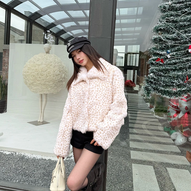 【小奶豹】兔毛波点豹纹翻领短款时尚洋气毛毛外套