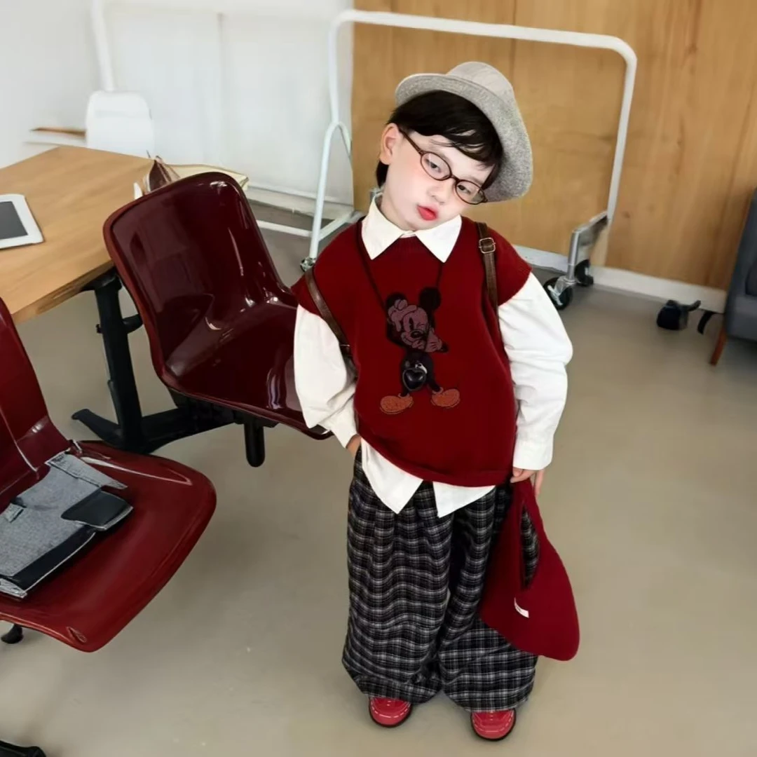 儿童2025春秋季新款卡通线衣马甲外套衬衫格子裤子宝宝美式三件套