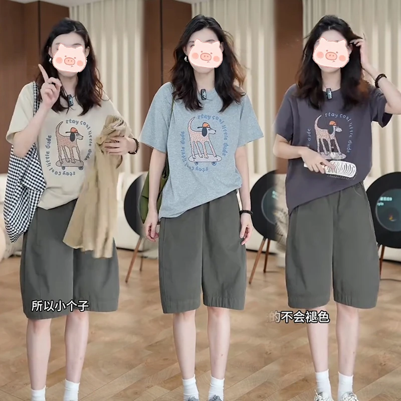 2025年夏季新款韩版时尚潮流圆领卡通上衣小狗+五分休闲裤套装女