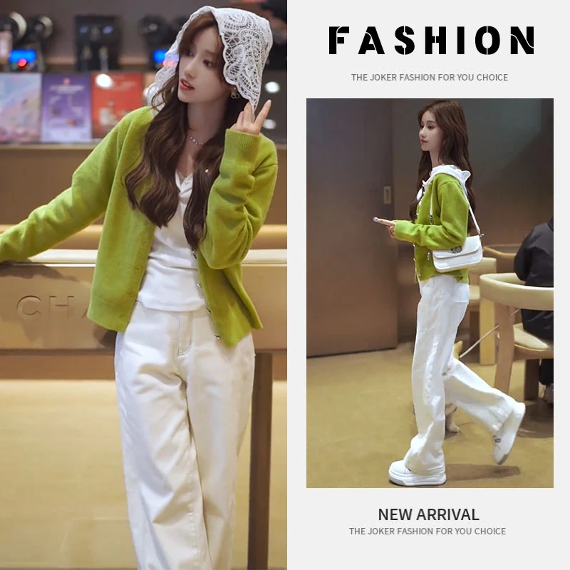 早春一整套女装2025新款百搭针织毛衣镂空连帽衬衫直筒长裤三件套