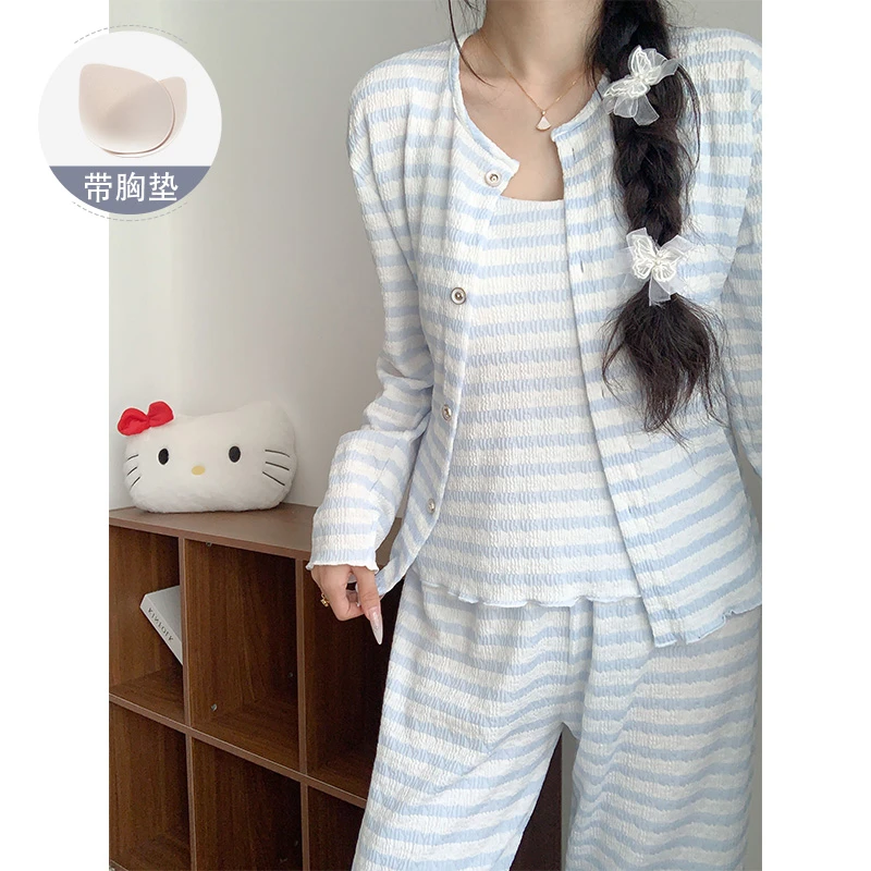 睡衣女春秋夏季长袖吊带三件套2025新款棉绸带胸垫简约条纹家居服