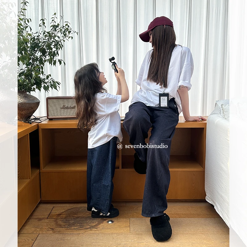 SKB2540亲子装韩版百搭白色T恤春夏装新款儿童显瘦百搭短袖上衣