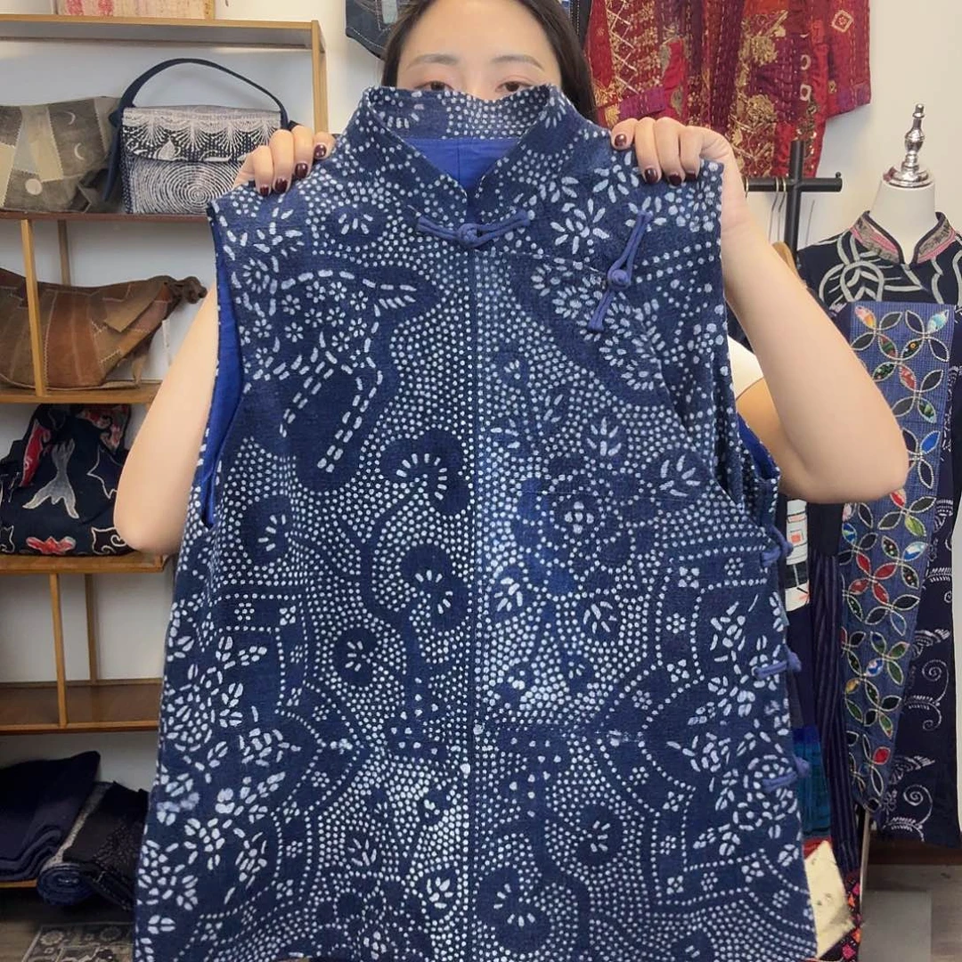 棉无填充物妤然服饰土布豆染中长款马甲