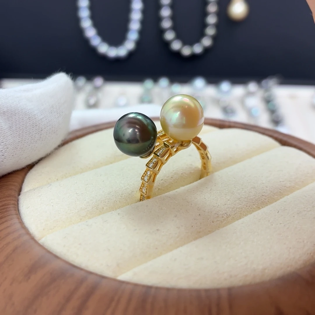 戒圈银S925镶嵌海水珍珠金珠大溪地双珠戒指