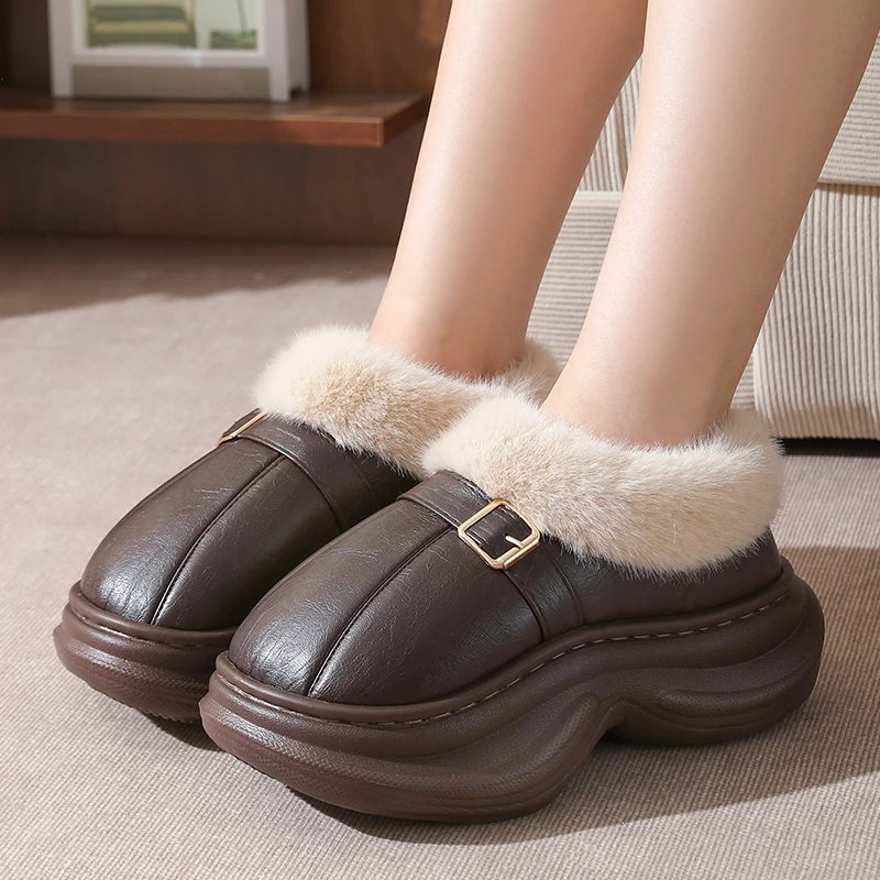PU皮棉拖鞋女包跟厚底居家增高拖鞋冬季加绒加厚保暖棉鞋防滑外穿