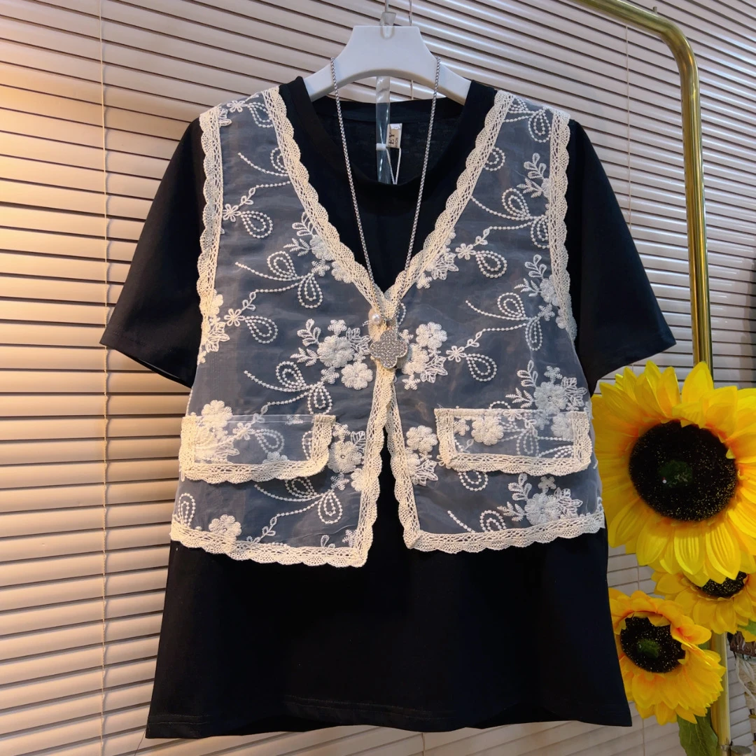FY夏季新款休闲纯色蕾丝马甲假两件短袖上衣