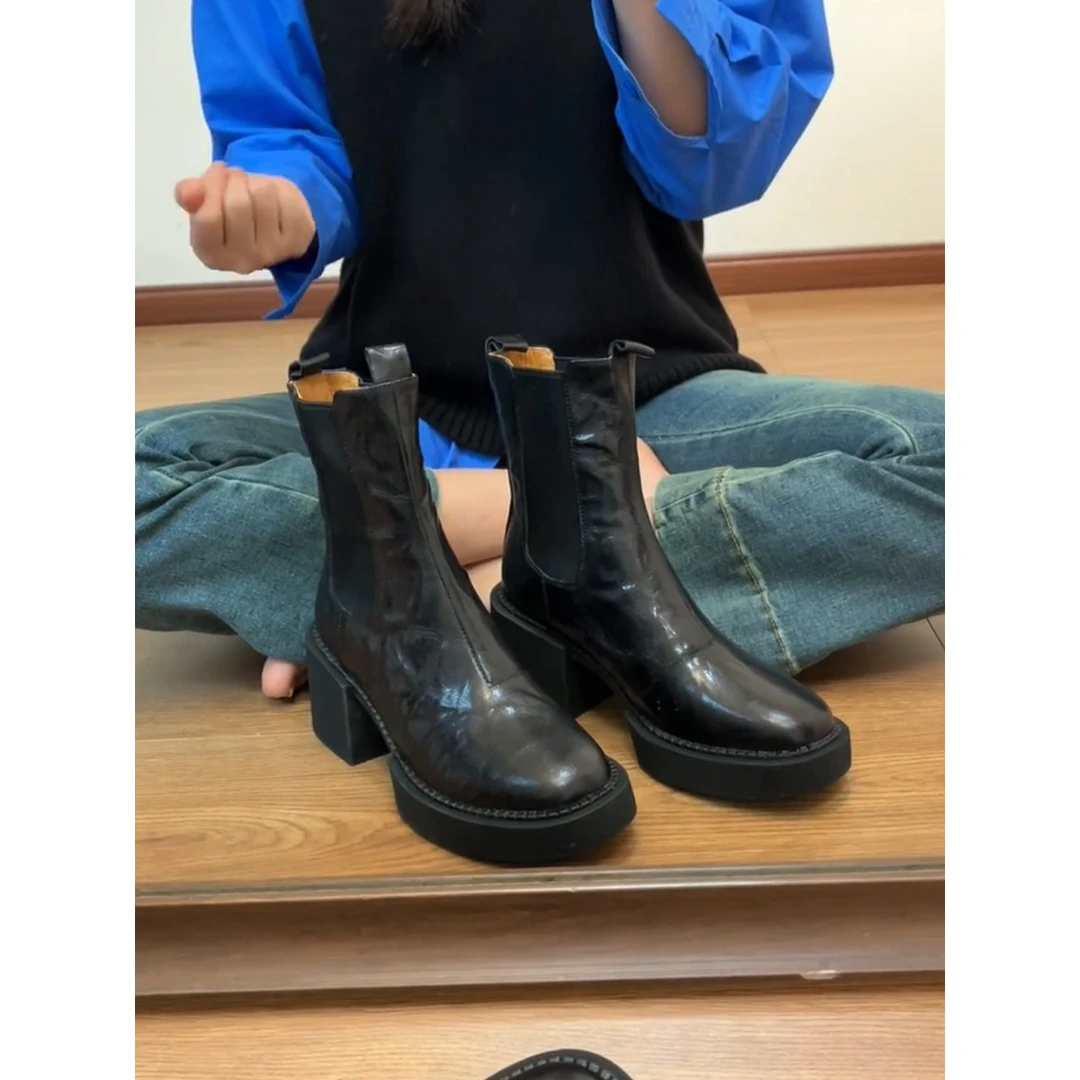 2025秋冬季新款复古厚底烟管靴马丁靴高跟粗跟切尔西短靴女英伦风