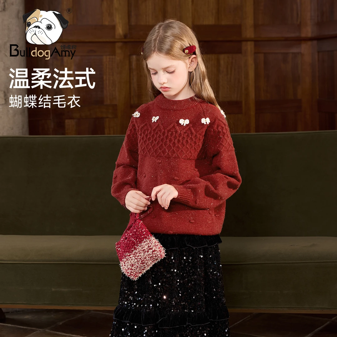 馋嘴狗童装女童红色毛衣2025冬装新款儿童圣诞上衣女孩洋气针织衫