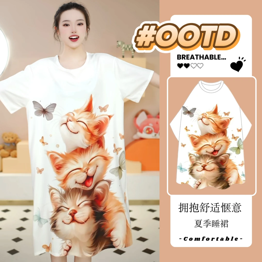 夏季休闲中长款薄款简约连衣裙时尚卡通睡裙舒适宽松印染圆领